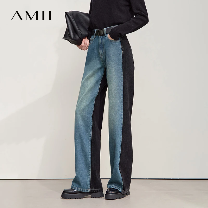 Amii Jeans-Hosen für Damen, 2025, Herbst, neue lässige Retro-Jeanshose für Damen, lockere Patchwork-Vielseitige Damenhose mit weitem Bein, 12553027