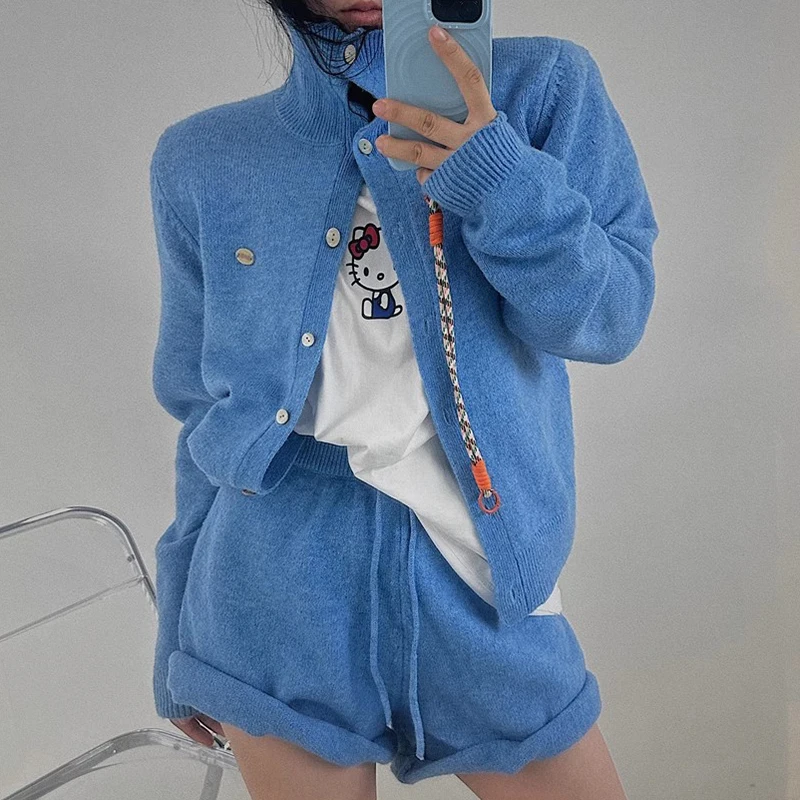 Slish Autumnal Vintage Long Sleeve Knitted Sweater Jacket And Versatile Short Pants Two Piece Set Letter Label Trendy Outfit