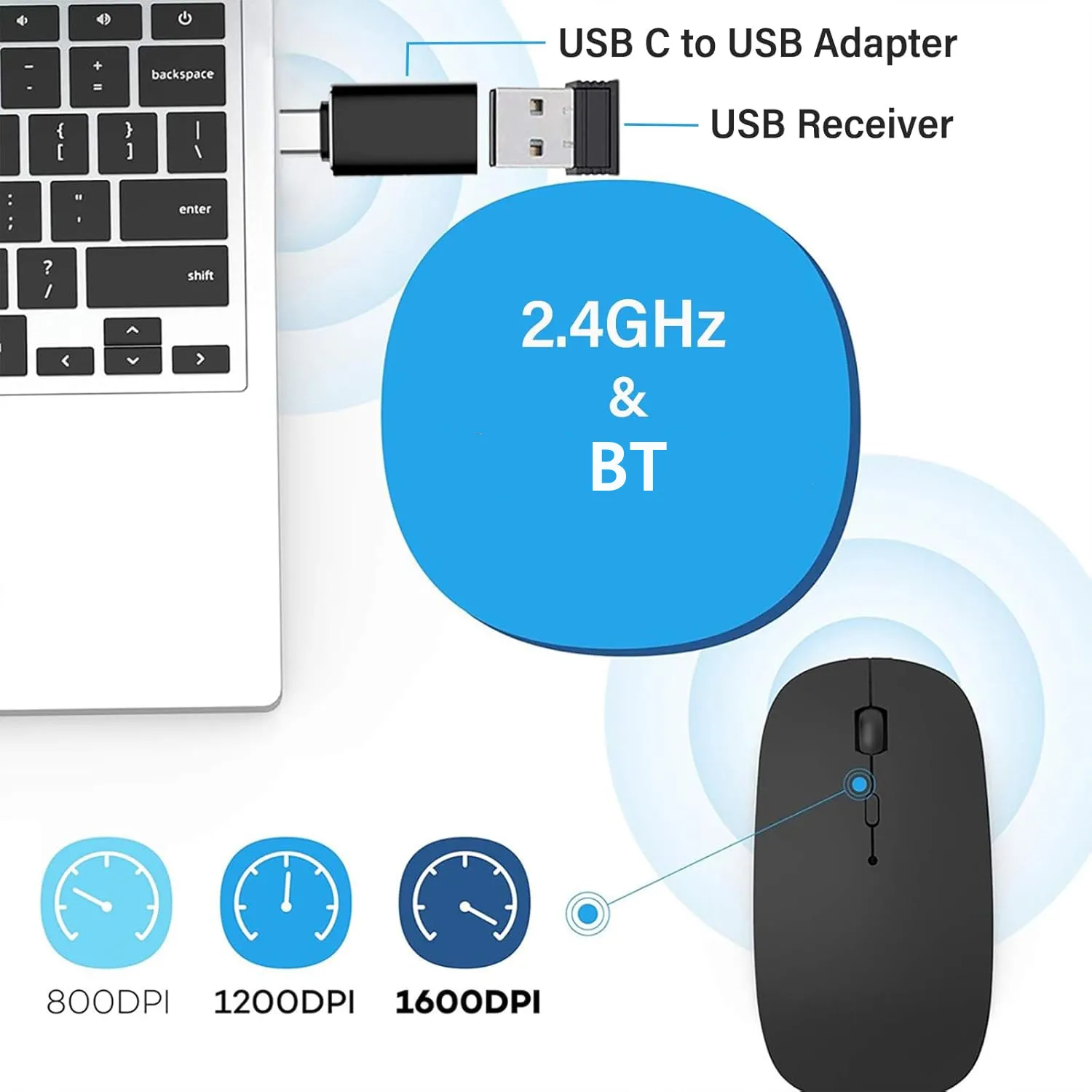 Mouse sem fio recarregável, modos duplos, bluetooth, compatível com 2.4g, usb, mouse para laptop, ipad, tablet, notebook, mouse para jogos
