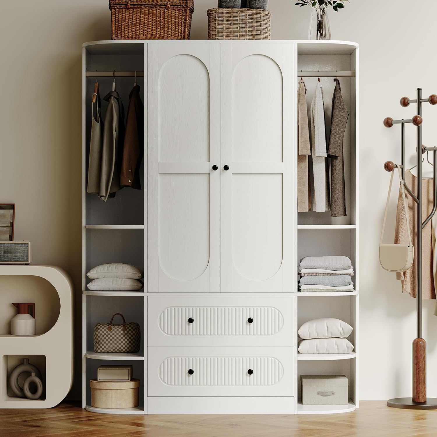 69' Fluted White Wooden Wardrobe with 2 Doors, 3 Rods, 2 Drawers, 6 Shelves Warm home