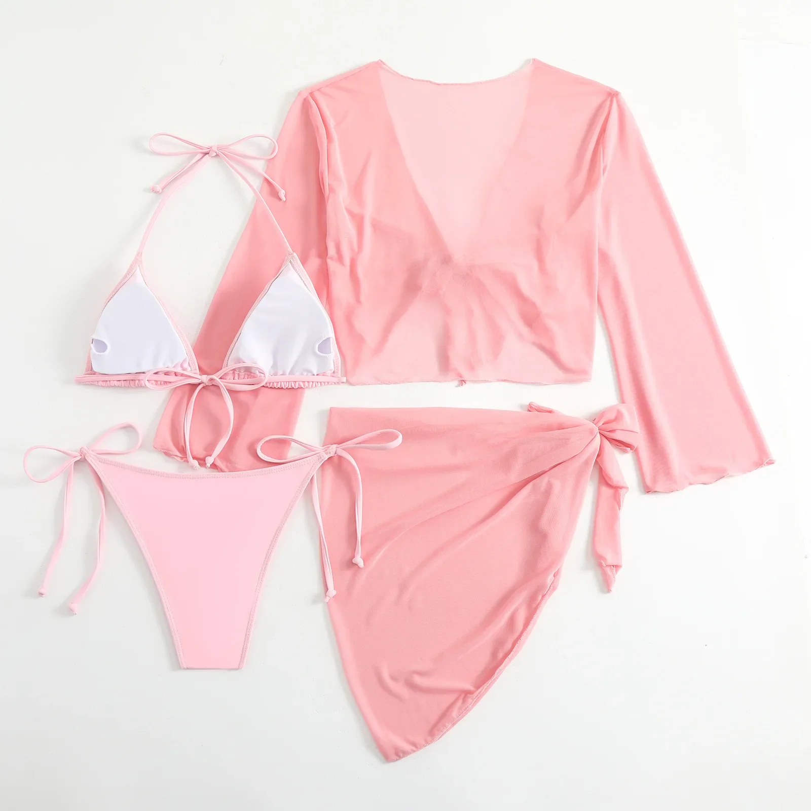 ผู้หญิงสีชมพู Micro MINI String ชุดบิกินี่ 4 ชิ้นตาข่ายและกระโปรงชุดว่ายน้ําชุดว่ายน้ําชุดชายหาด biquini