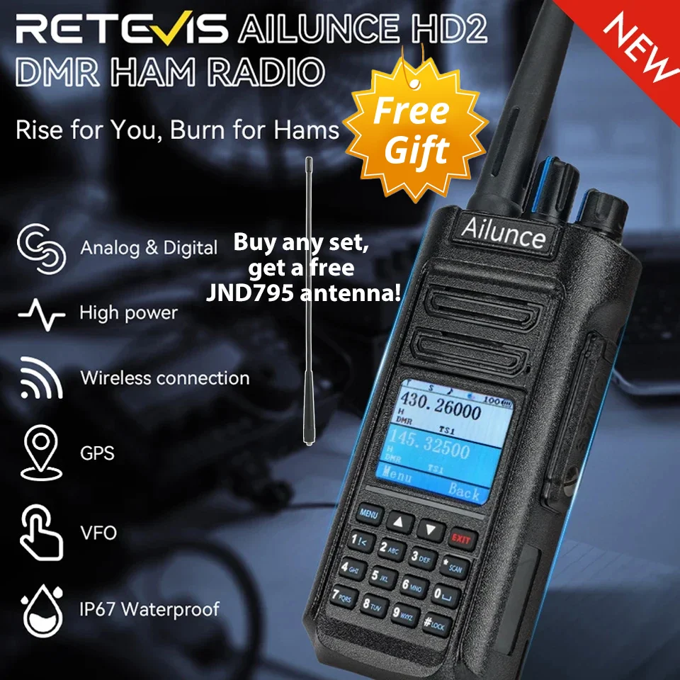 Retevis Ailunce HD2 walkie talkie DMR digital walkie tolkie largo alcance profesional emisora radioaficionado Compatible con Bluetooth walkie-talkies UHF VHF ham radio caza comunicación Resistente al agua IP67