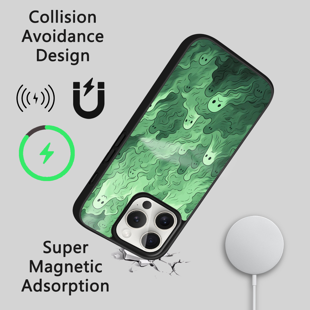 Casing ponsel hijau hantu Magsafe lucu, penutup magnetik nirkabel cermin tahan guncangan Mini untuk iPhone 15 14 13 12 11 Pro Max Plus