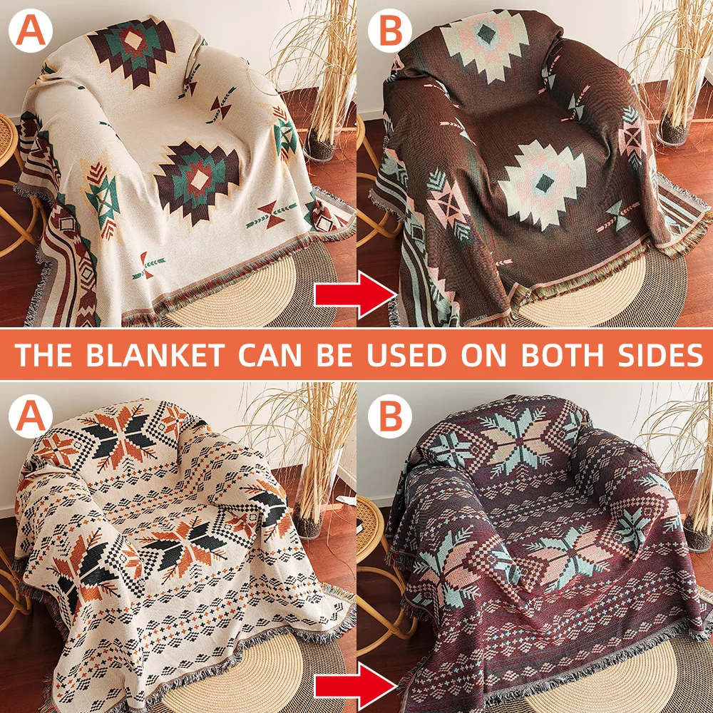 Aztec Blanket, Oversized Boho Throw Blanket with Fringe, Southwestern Geometric Tapestry Vintage Woven Throw Blankets, Double-Si