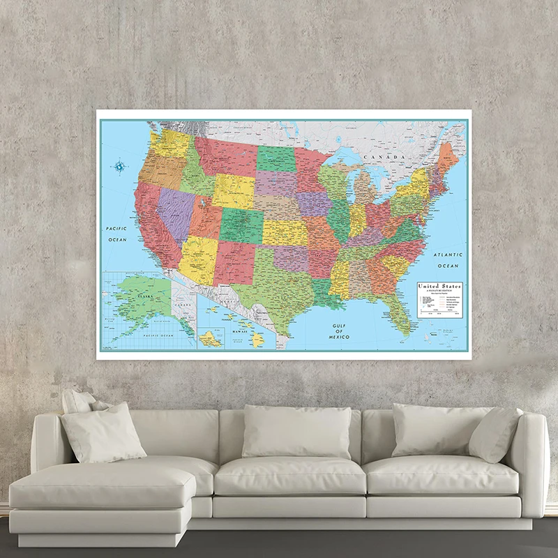 100*70Cm Retro Mỹ Bản Đồ Hành Chính In Hình Chất Liệu Vải Không Dệt Bức Hình Nghệ Thuật Trang Trí Phòng Học Tập Trong tiếng Anh