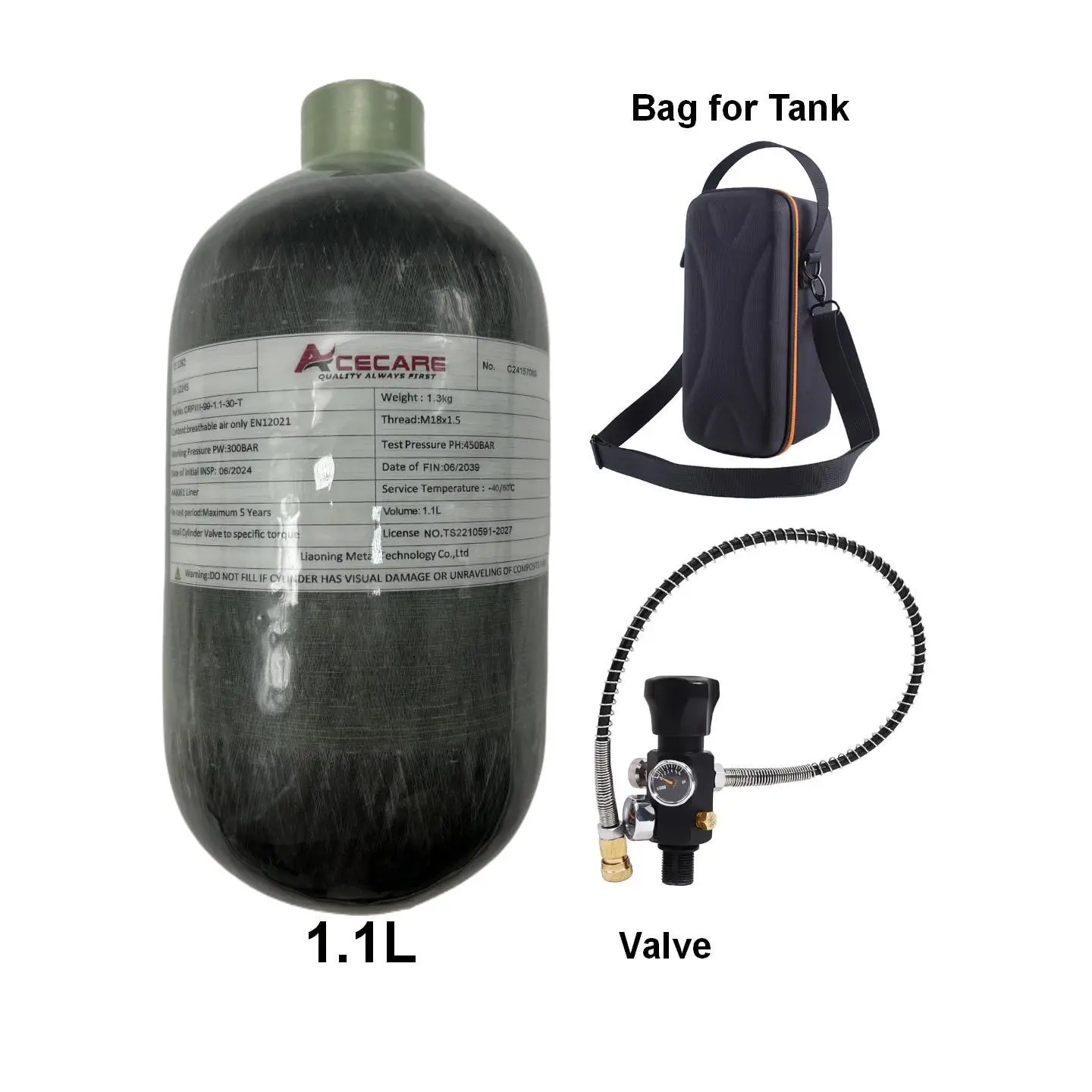 ACECARE 4500psi 300Bar 1.1L Carbon Fiber Cylinder High Pressure Tank Charging Regulator Fill Station Dual Gauge Valve M18*1.5