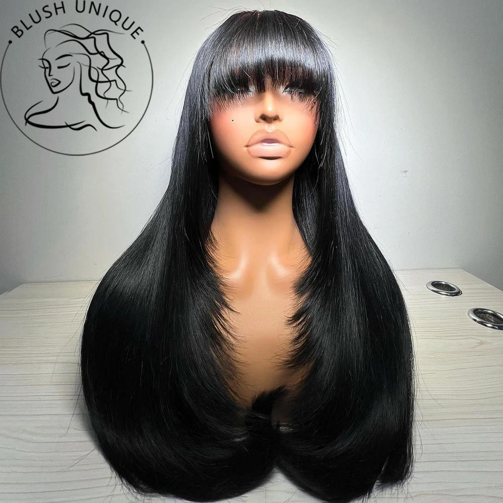 Pelucas de corte en capas rectas con flequillo, encaje HD, cuero cabelludo falso, peluca de encaje en capas naturales sintéticas para mujeres, peluca sin pegamento resistente al calor
