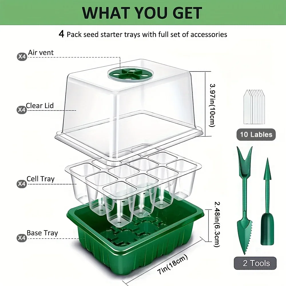 Bandejas de partida de mudas elevadas com luz de planta com cúpulas de umidade Bandeja de célula transparente Umidade 6/12 células + LED Grow Light