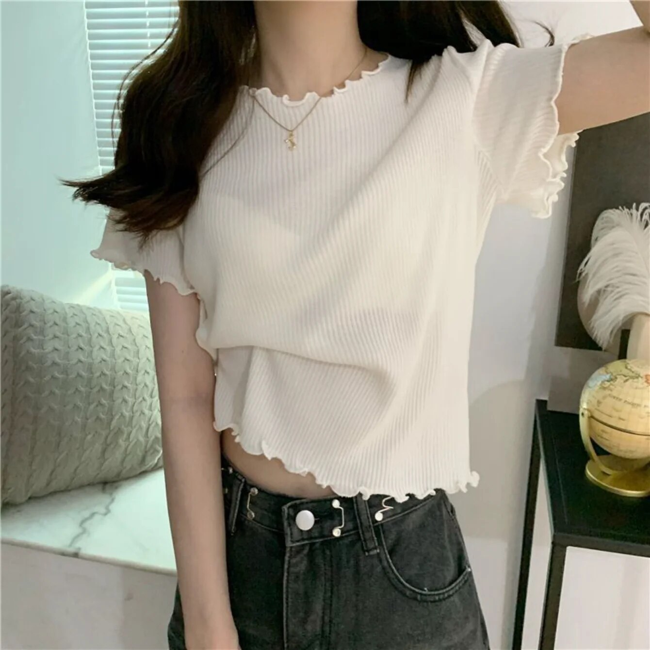 木製の耳が付いたヴィンテージのリブ編みのショートトップ,スリムフィットのTシャツ,ニットTシャツ,半袖Tシャツ,春と夏