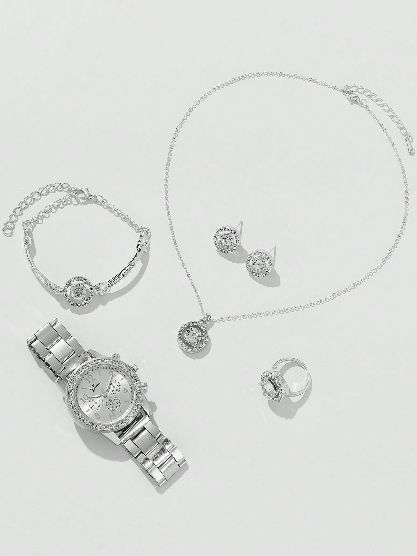 5 Stück Set Silber Luxus uhr Frauen Ring Halskette Ohrringe Strass Mode Armbanduhr weibliche Freizeit uhren Armband Set