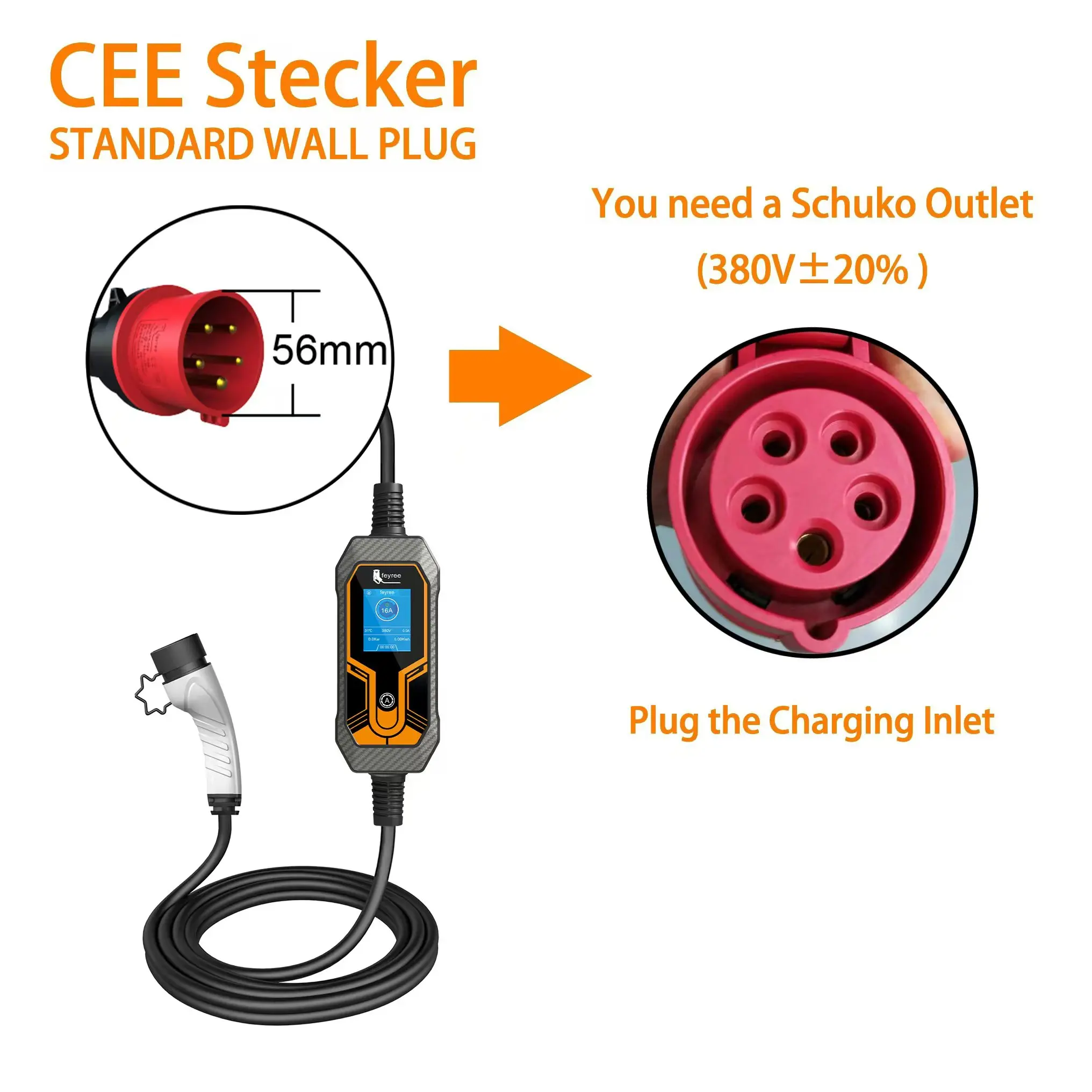 feyree 11KW 16A EV ポータブル充電器 Type2 EVSE 充電ボックス電気自動車の充電器 CEE プラグ IEC62196-2 電気自動車の充電器