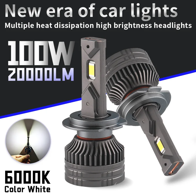 H7 LED lâmpada do farol do carro 12V 6000K H1 H4 H11 9005 9006 9012 CANbus sem erro 100W 20000LM ​ Luzes de feixe alto e baixo brancas para lâmpada automática