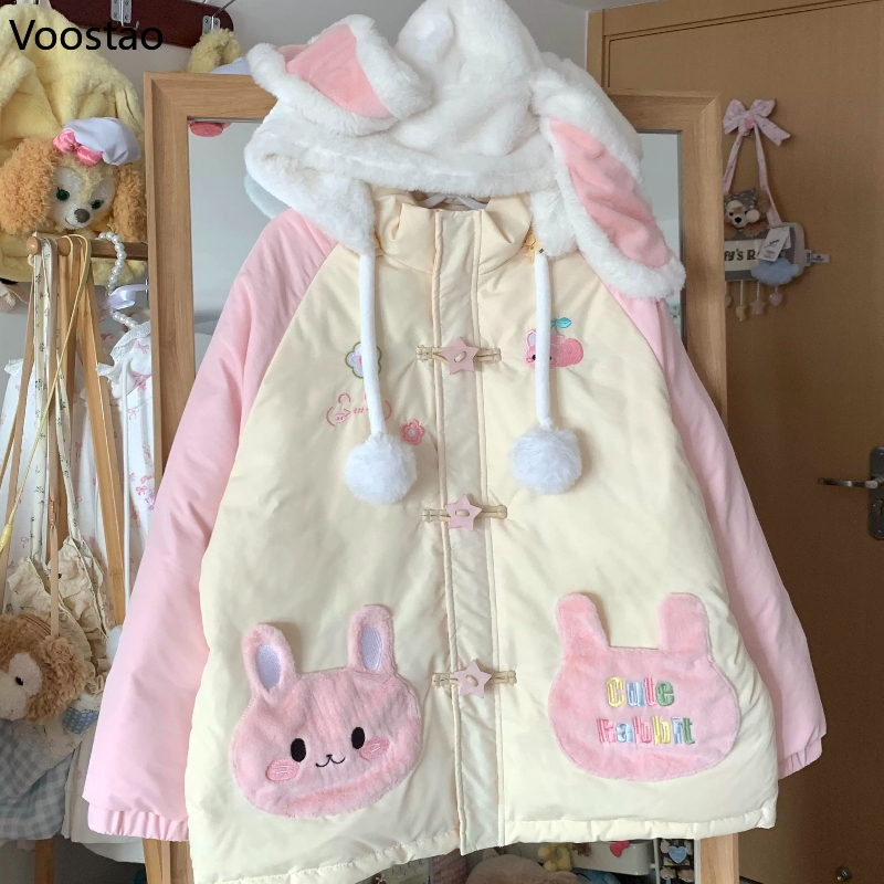 Kawaii Winter Cartoon Borduren Lolita Parka Vrouwen Y2k Schattige Beer Oren Capuchon Casual Ritsen Losse Harajuku Gewatteerde Jas
