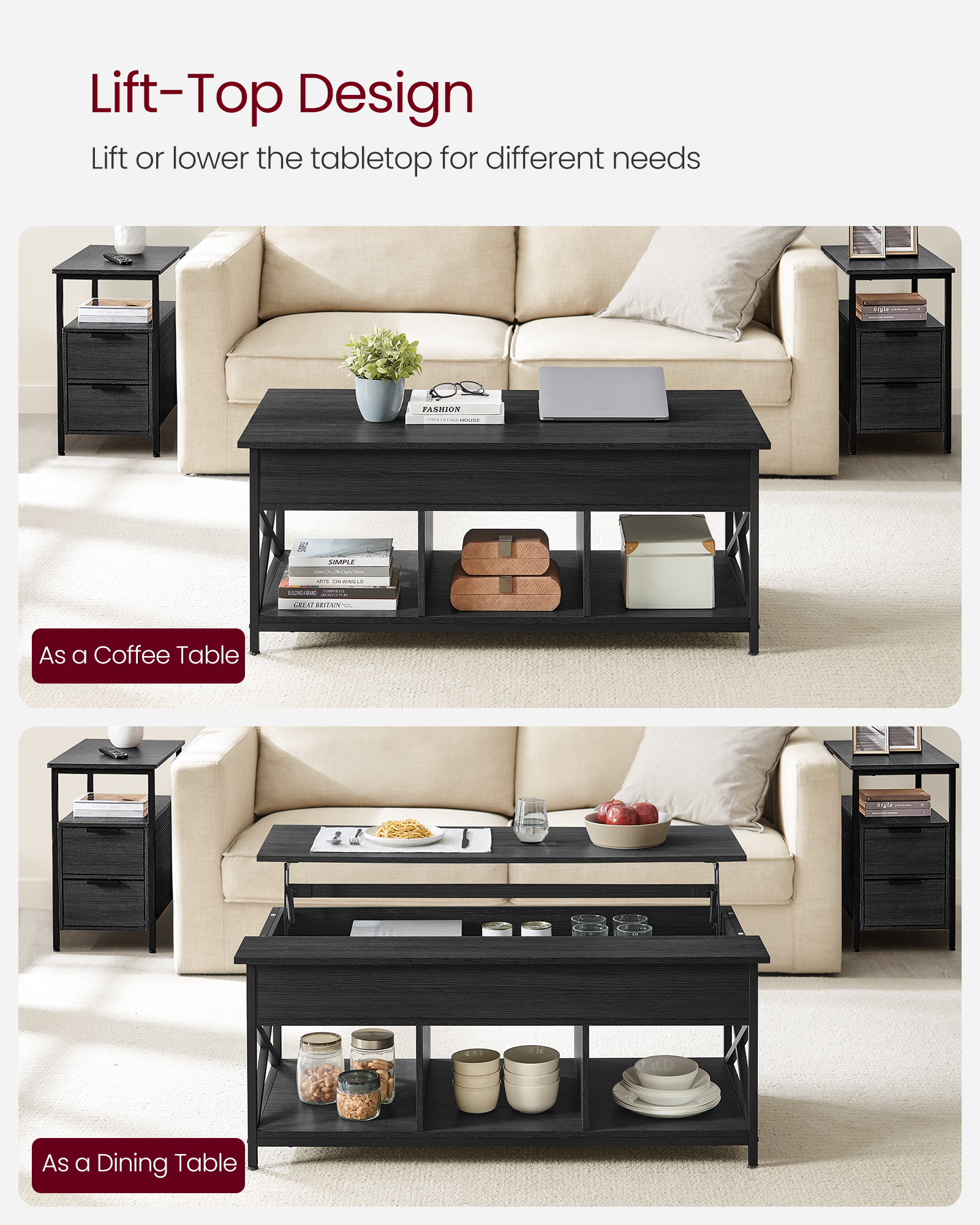 VASAGLE Coffee Table, Lift-Top Table Coffee Table for Living Room, Coffee Table with Open and Hidden Storage, X-Shaped Bars