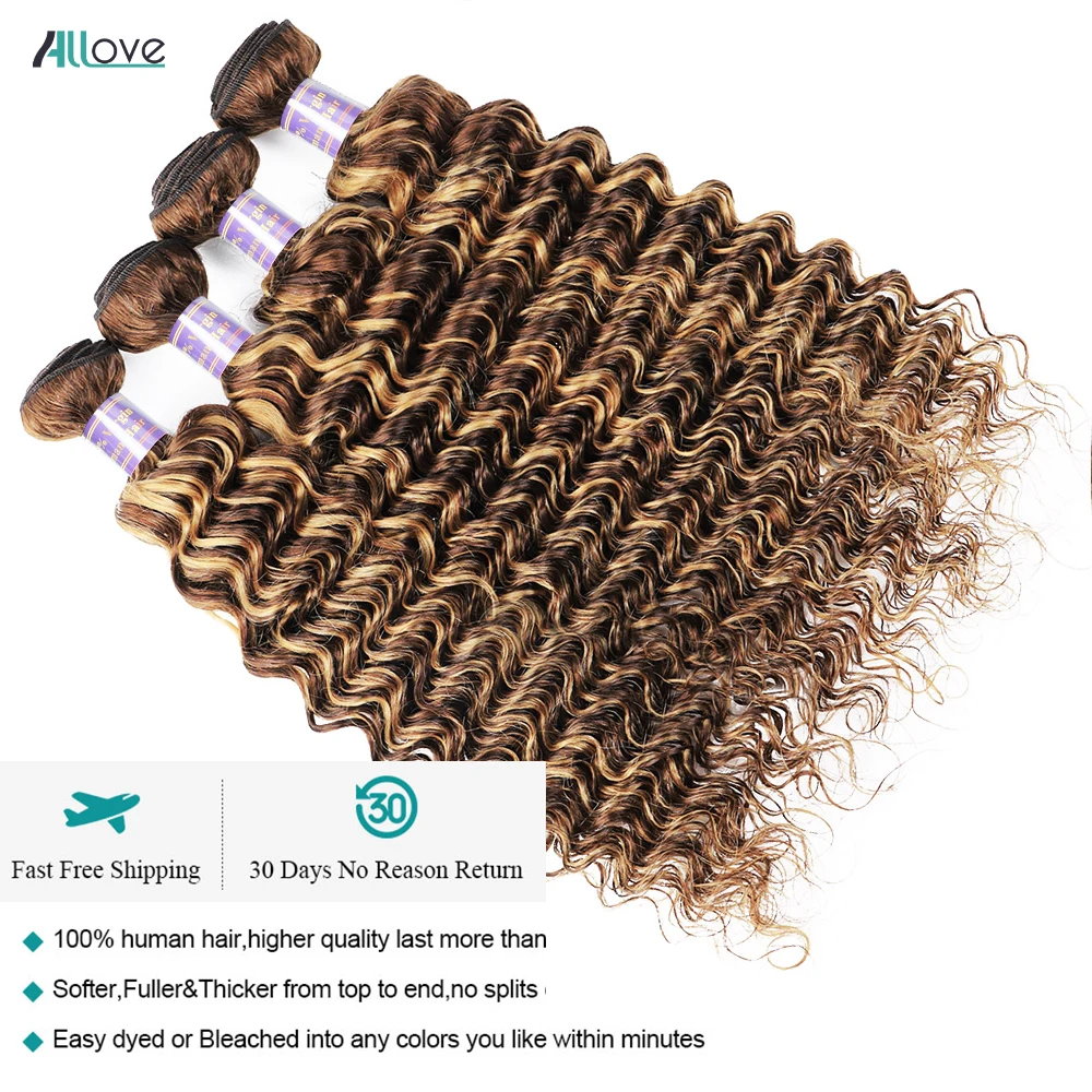Allove-Deep Wave Pacotes de cabelo humano com fecho, mel cabelo remy marrom, laço transparente, destaque, Ombre, 4x4