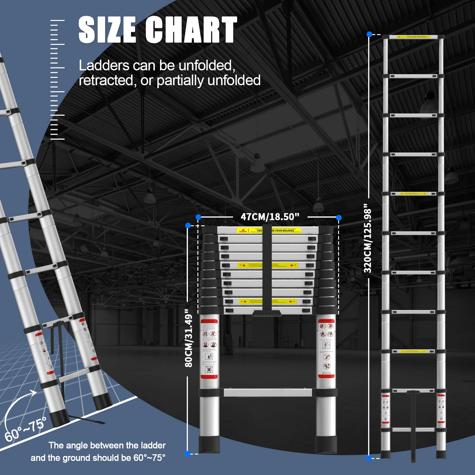 Scala telescopica da 3,2 m/10,5 piedi, alluminio, carico massimo 150 kg con piedini in gomma antiscivolo, EN131 per loft, interni ed esterni, uffici