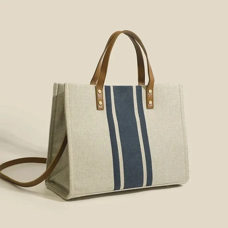 Simple Canvas Stripe Decor กระเป๋าถือผู้หญิง Top Handle Tote กระเป๋าขนาดใหญ่ความจุลําลองไหล่กระเป๋า Crossbody
