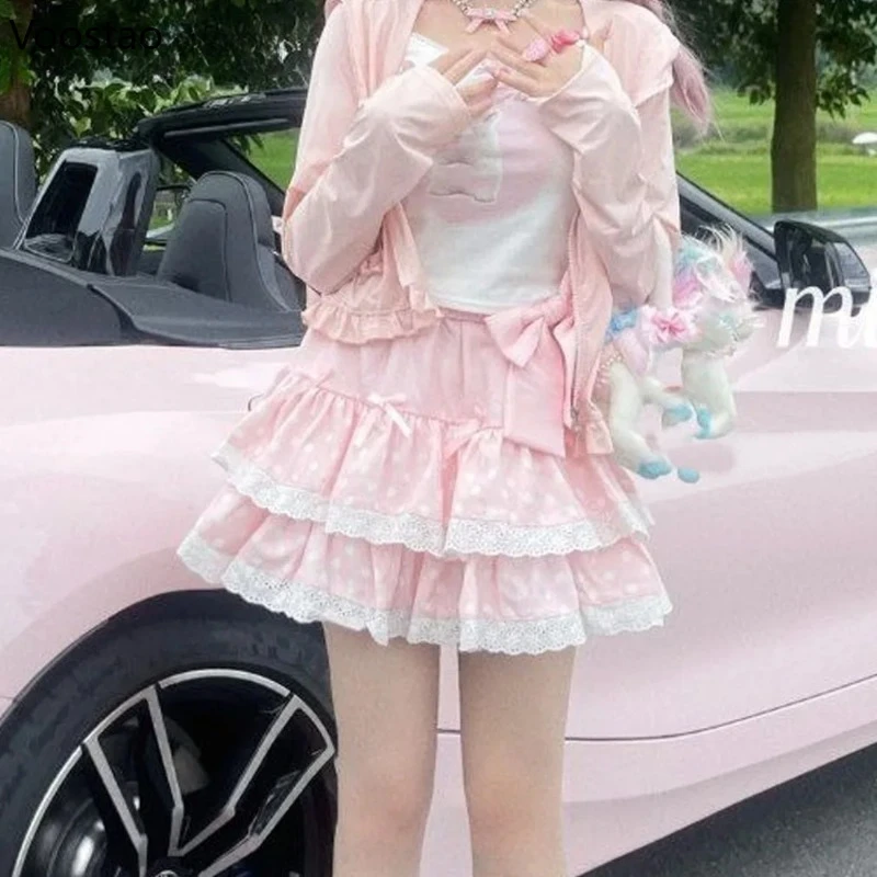 Mini jupe gâteau à volants rose de Style japonais, jupe courte d'été pour femmes, imprimé à pois, jupes à nœud coréen Kawaii pour filles