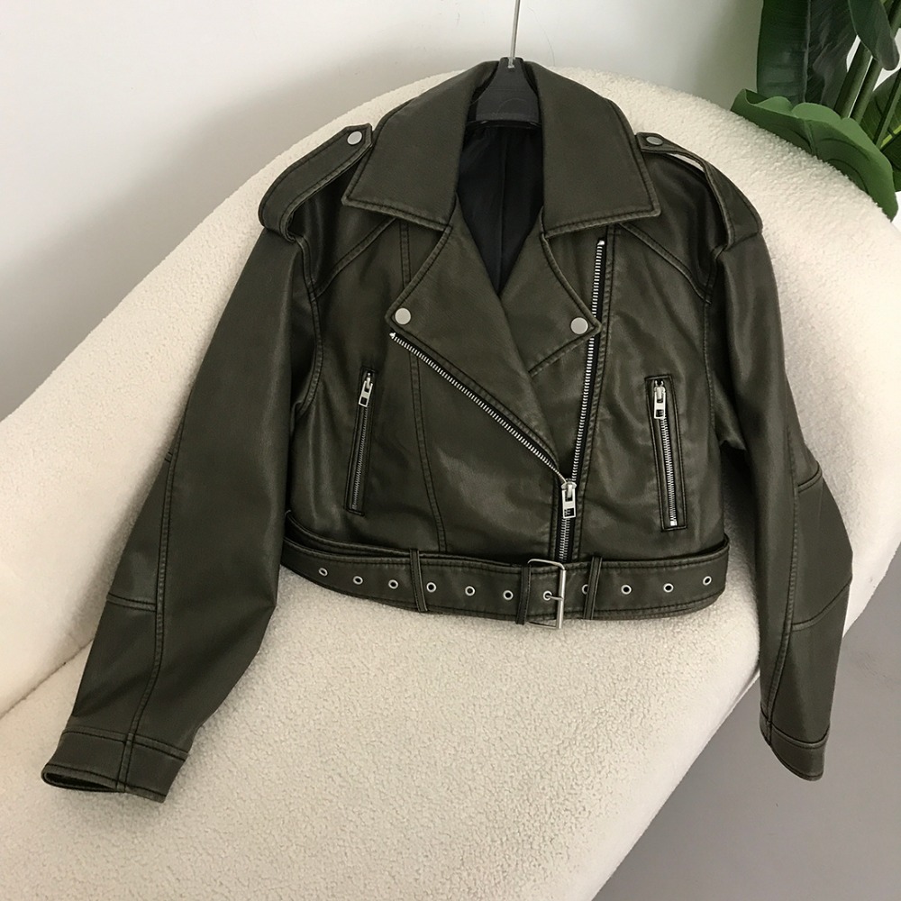 Neue Frühjahr Frau Faux Leder Jacke Chic Vintage Amerikanische straße tragen Kurze Revers Zipper Gürtel Biker Mäntel Mode Streetwear