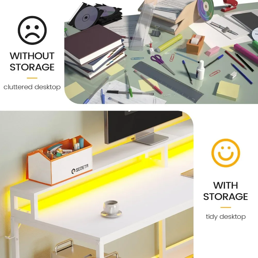 L Shaped Gaming Desk, 66" Home Office Desk with File Drawer, Power Outlet and Led Lights, Computer Desk with Monitor Shelf