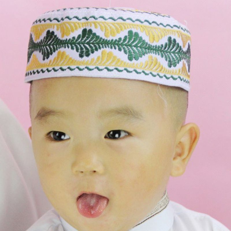 Islamic Muslim Kids Hat Boys Pray Embroidery Round Cap Saudi Arabian Prayer Beanie Accessories