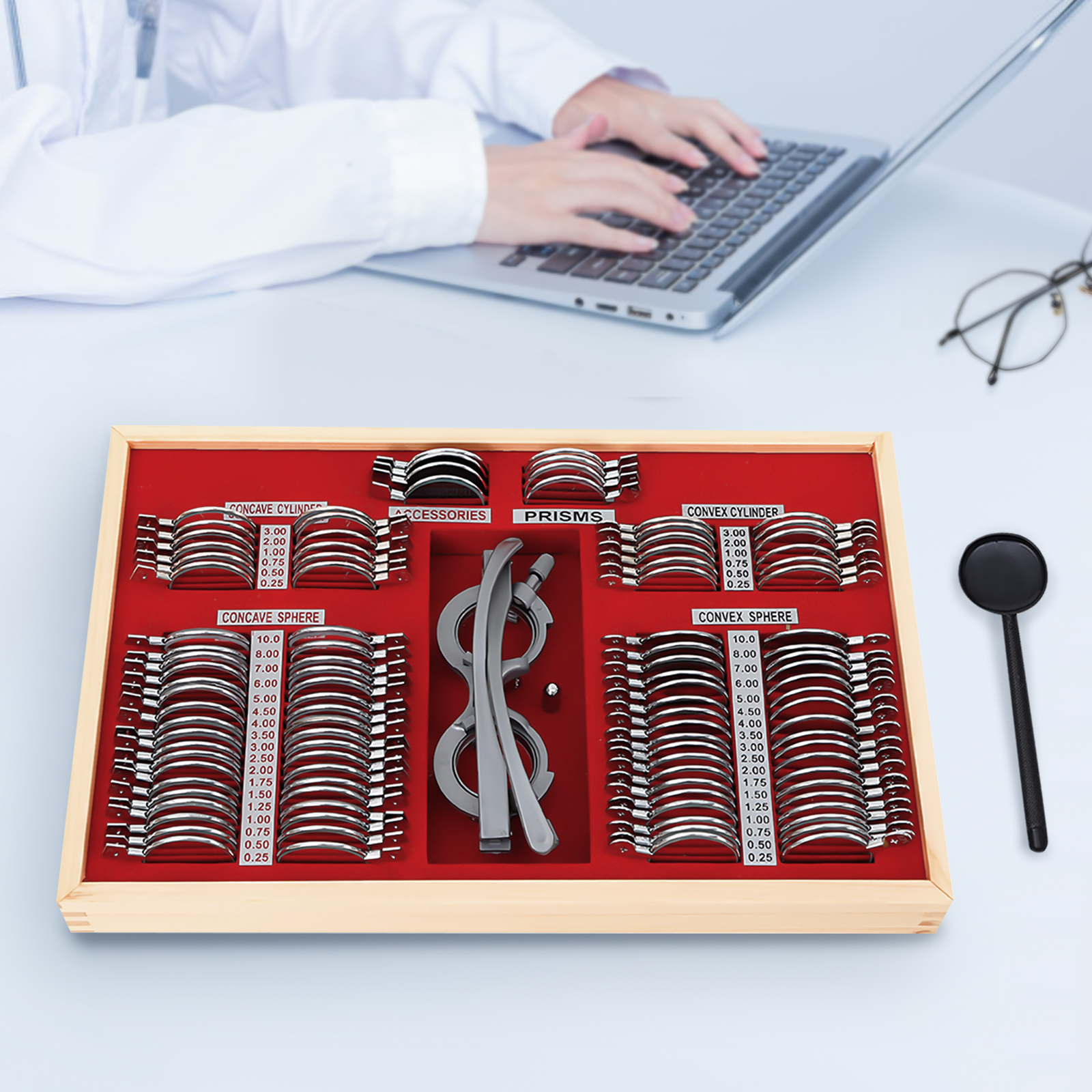Kit set di lenti di prova da 104 pezzi, scatola con struttura in metallo, kit di optometria per telaio di prova, telaio di precisione per lenti di prova ottiche con scatola argentata per lenti