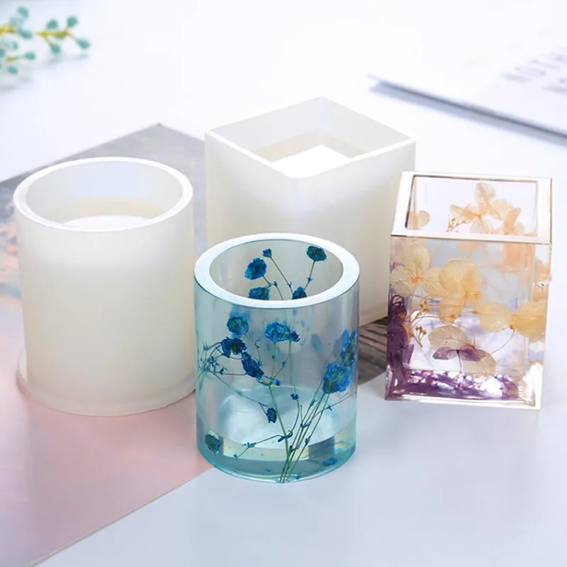 Molde de silicone resina cola epoxy molde diy caneta recipiente organizador quadrado redondo titular de armazenamento moldes de sílica artesanato jóias fazendo encantos
