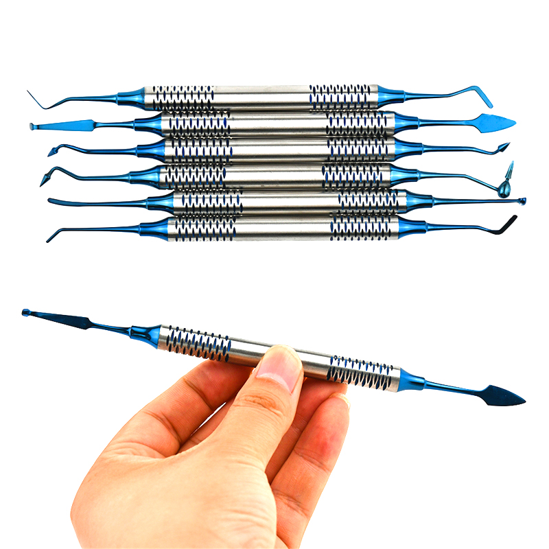 6PCS Tandheelkundige Composiet Hars Vullen Set Spatel Dikke Handvat Titanium Plated Head Tool Filler Tandheelkunde Instrument Materialen