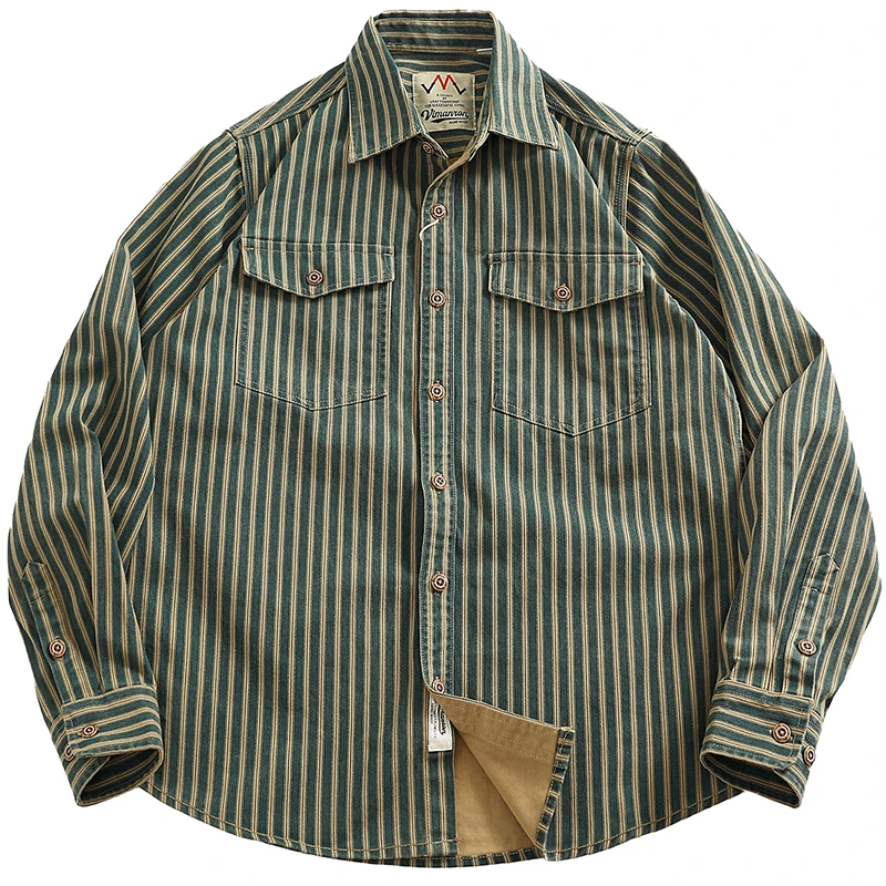 Csa Vaquera Retro Desgastada con Rayas Vertics Azules, Csa de Trabajo Hoada de Manga Larga Estilo Americano para H...