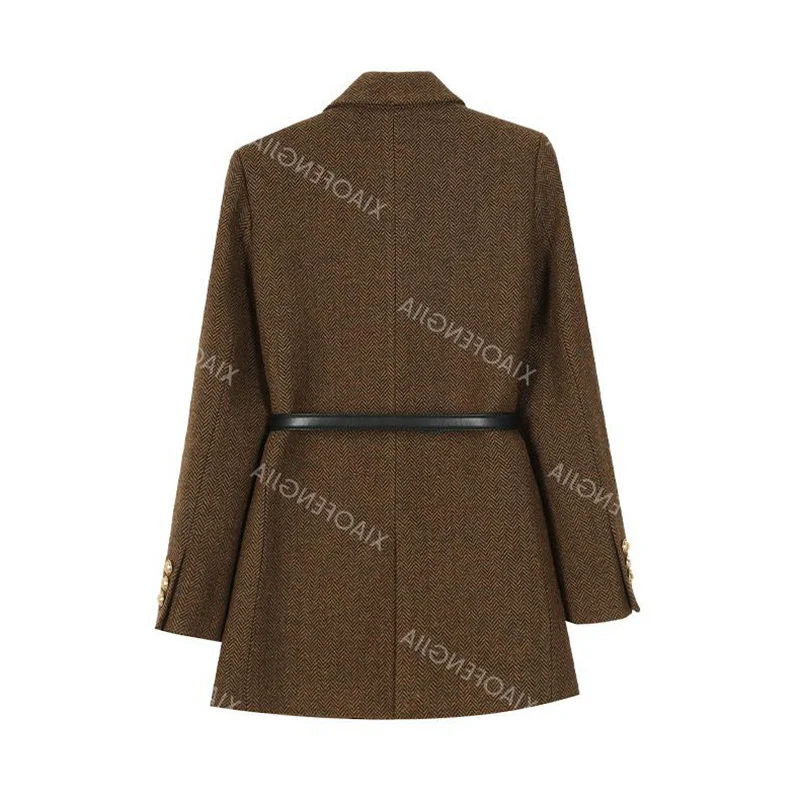 Marrom com cinto uma jaqueta de lã vintage para mulheres outono e inverno 2025 novo popular sazonal temperamento verde superior blazer feminino