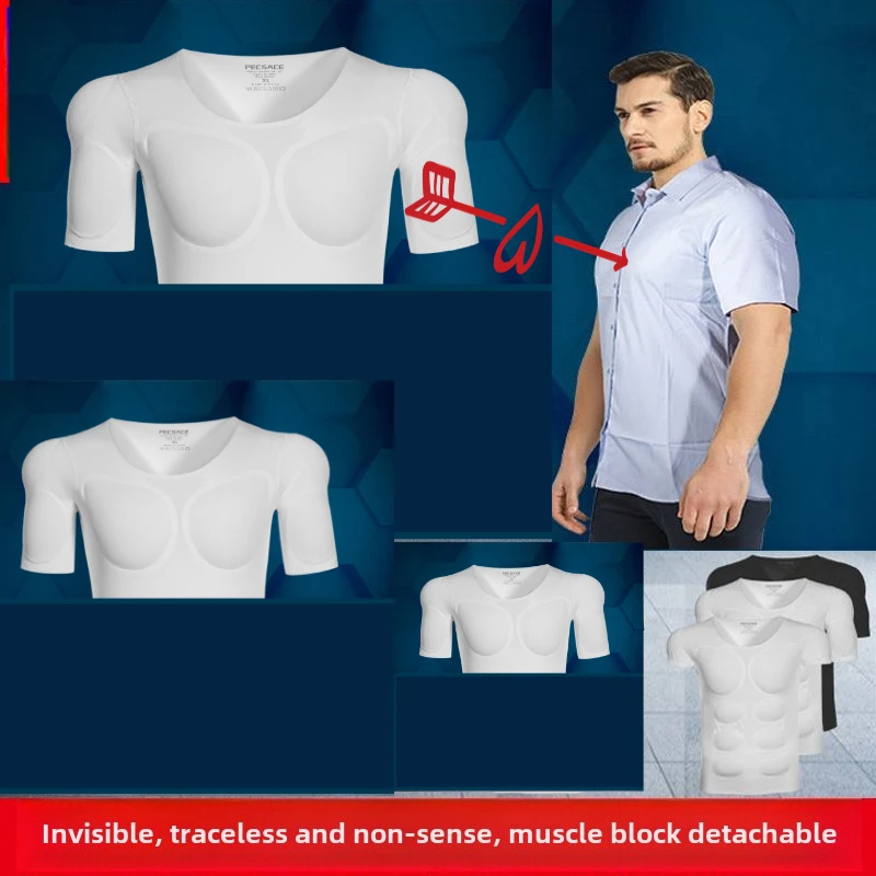 Músculo falso masculino meia manga novo traceless estéreo invisível peito camiseta cosplay compressão ganho de peso e músculo do peito