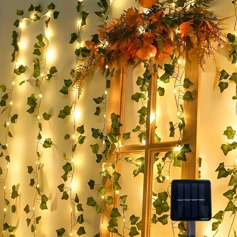 12mSolar Ivy String Lights LED Outdoor Artificial Vine Christmas Garland Fairy String Plant Lamp Maple Leaf Green Rattan String