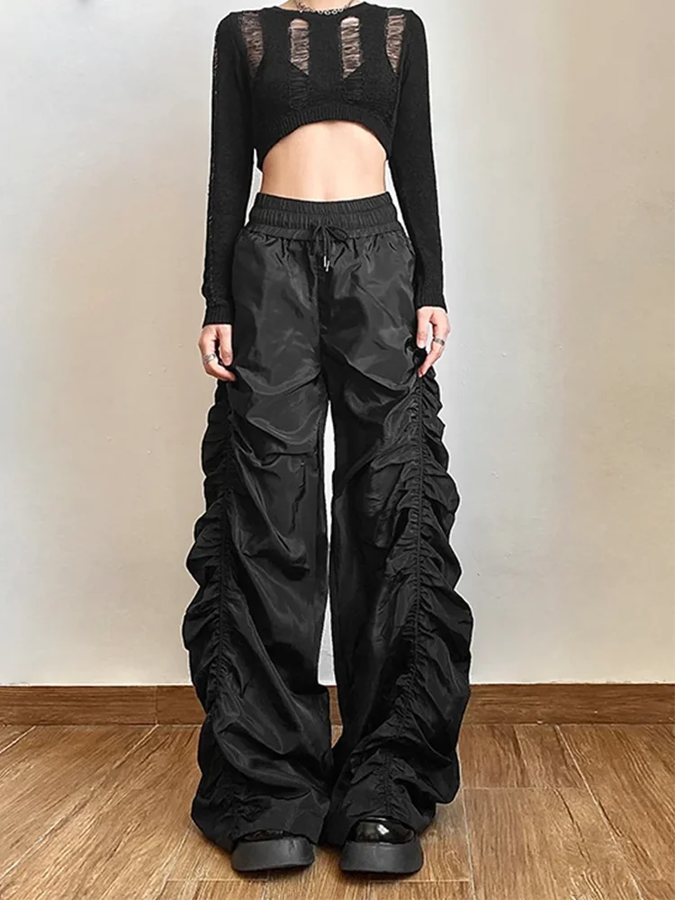 Tendência da moda personalizada autoconfiança vanguardista legal all-match casual solto menina cintura alta perna larga lanterna calças