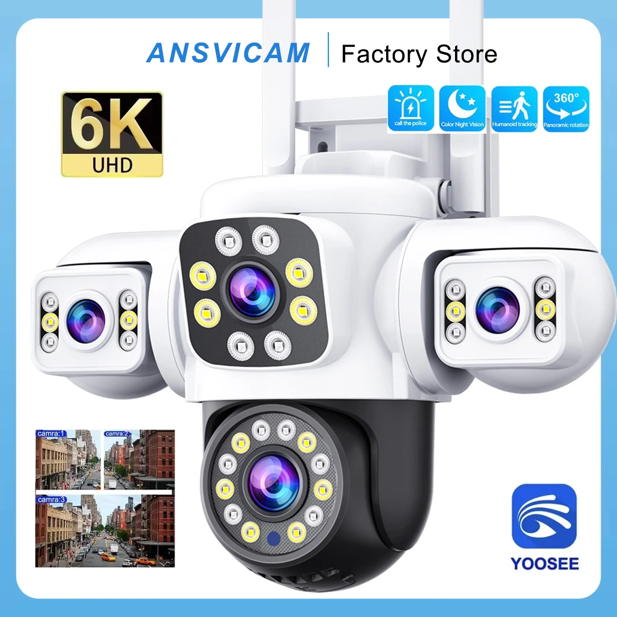 ANSVICAM 6K 12MP Cámara WiFi para exteriores Triple pantalla Triple lente PTZ 360 °   Cámara para Seguridad Completa IP66 Vigilancia CCTV Yoosee