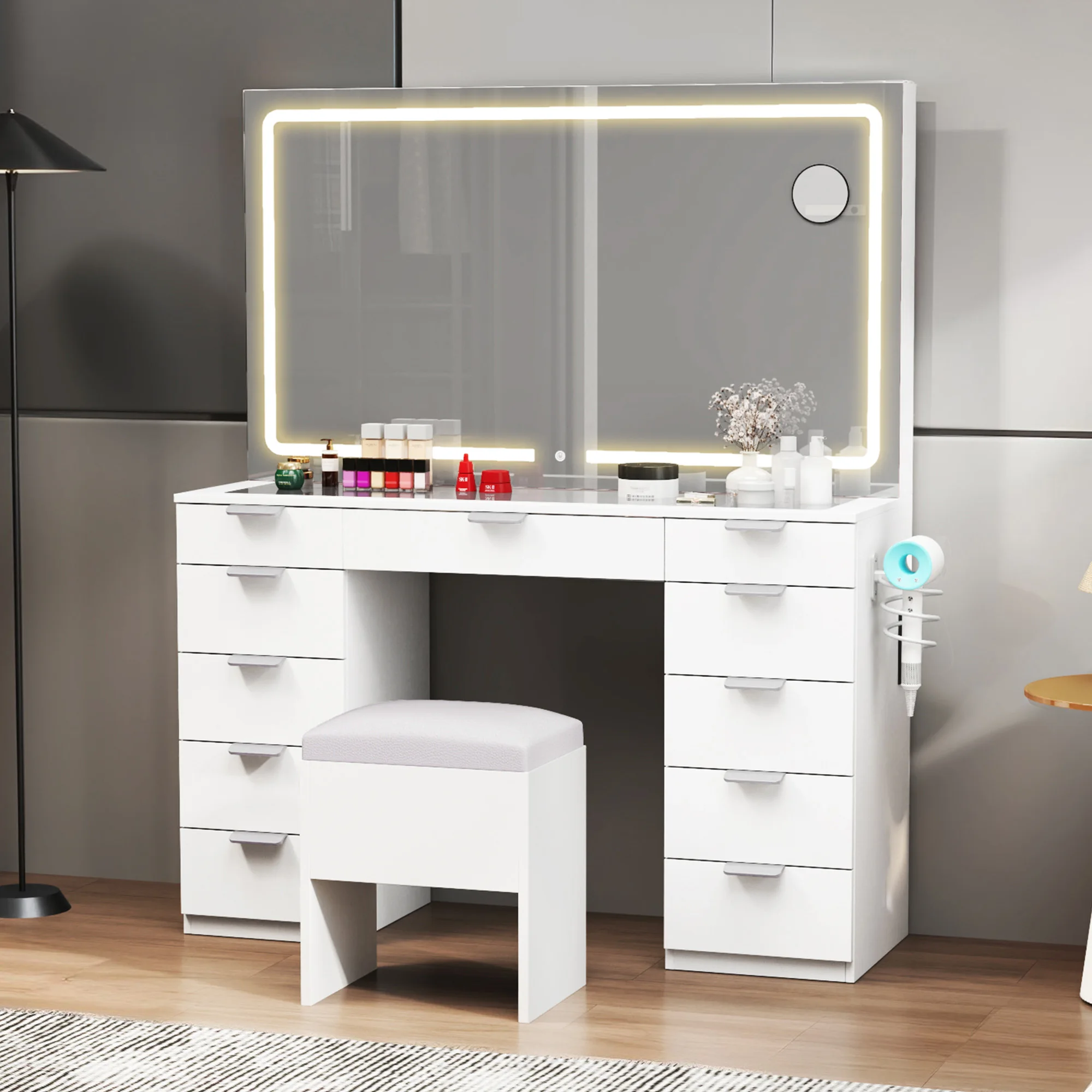 YITAHOME White Vanity Table - LED Light Dressing Desk with 11 Drawers, Glass Top & Mirror, Includes Stool