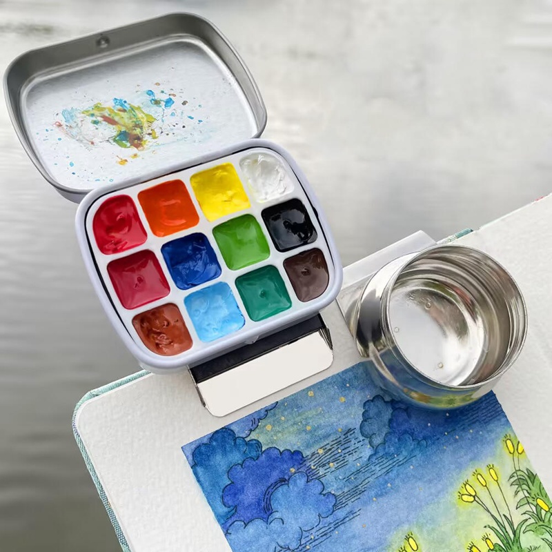 Caja de lata de acuarela vacía portátil, 12 rejillas, Mini paleta de pintura de acuarela, bandeja de pintura de viaje, suministros de arte