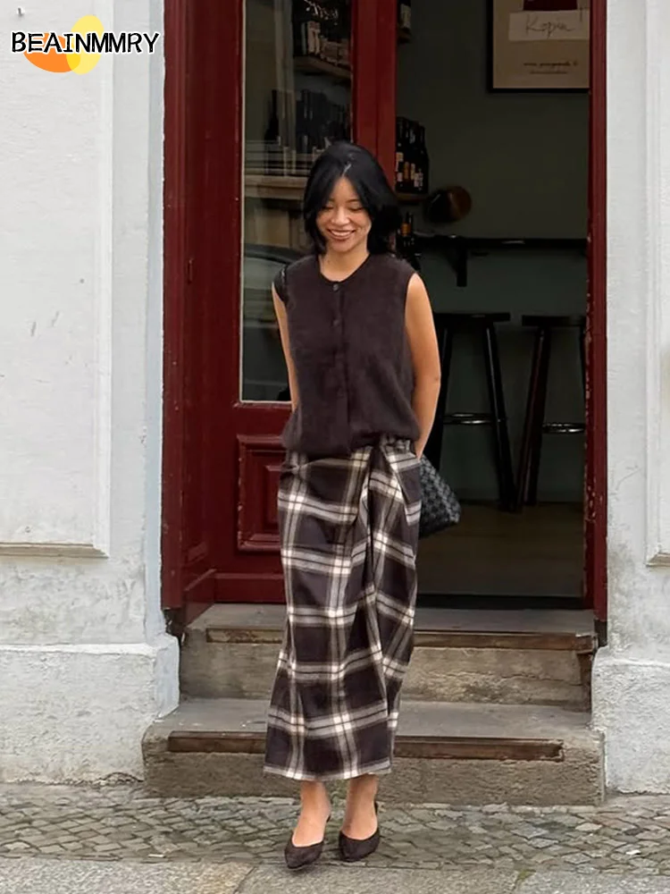 Falda Midi a cuadros para mujer, moda informal plisada Irregular de cintura alta, parte inferior ajustada de longitud media, faldas de calle para ir al trabajo diario