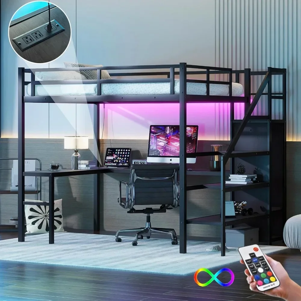 Cama alta de tamanho completo com escadas e mesa, cama alta de jogos de metal com luz LED RGB, estrutura de cama alta de aço resistente com armazenamento