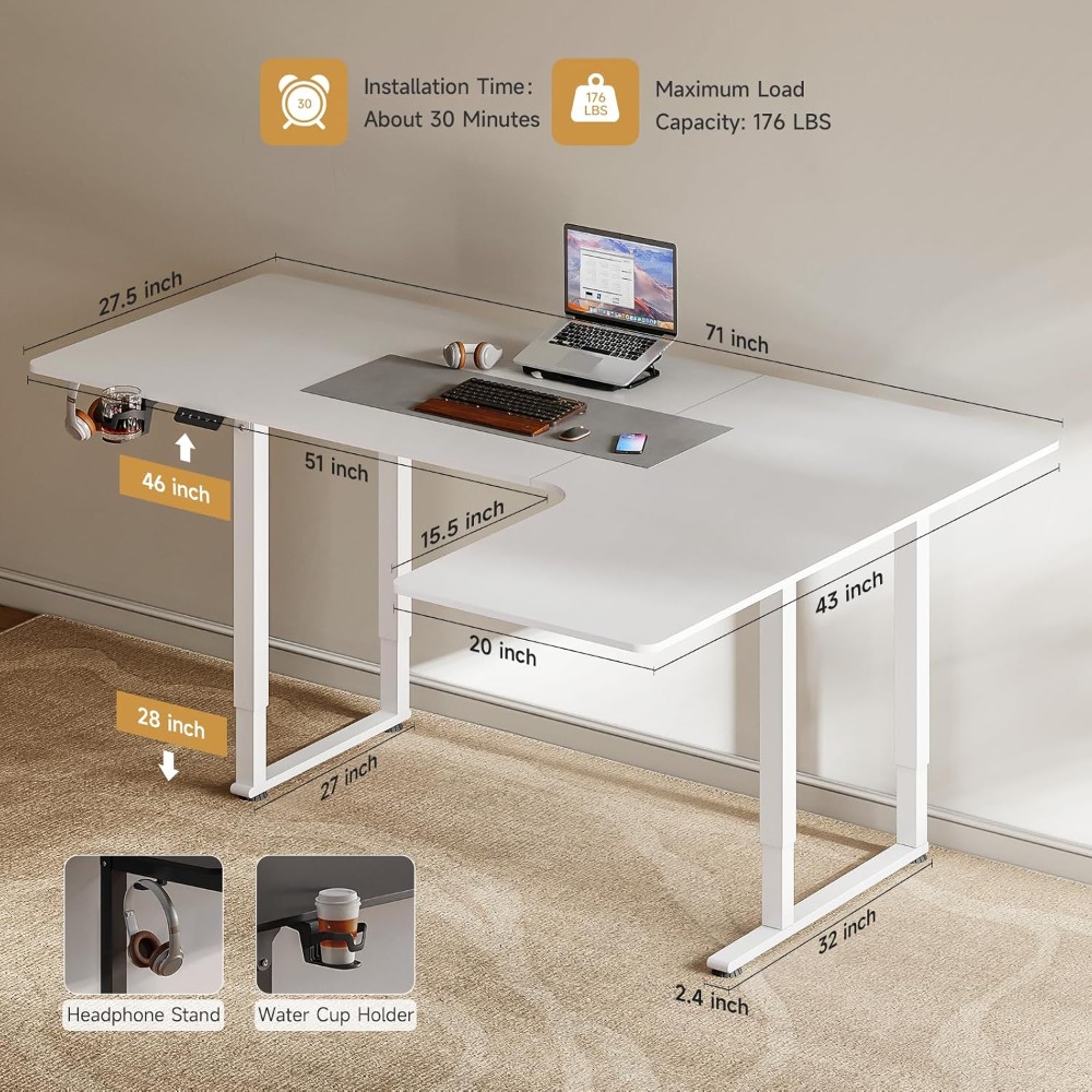 Standing Desk, 71x43 Inches L Shaped Desk with 4 Legs, Dual Motor and Memory Controller, Electric Stand Up Desk Adjustable Heigh
