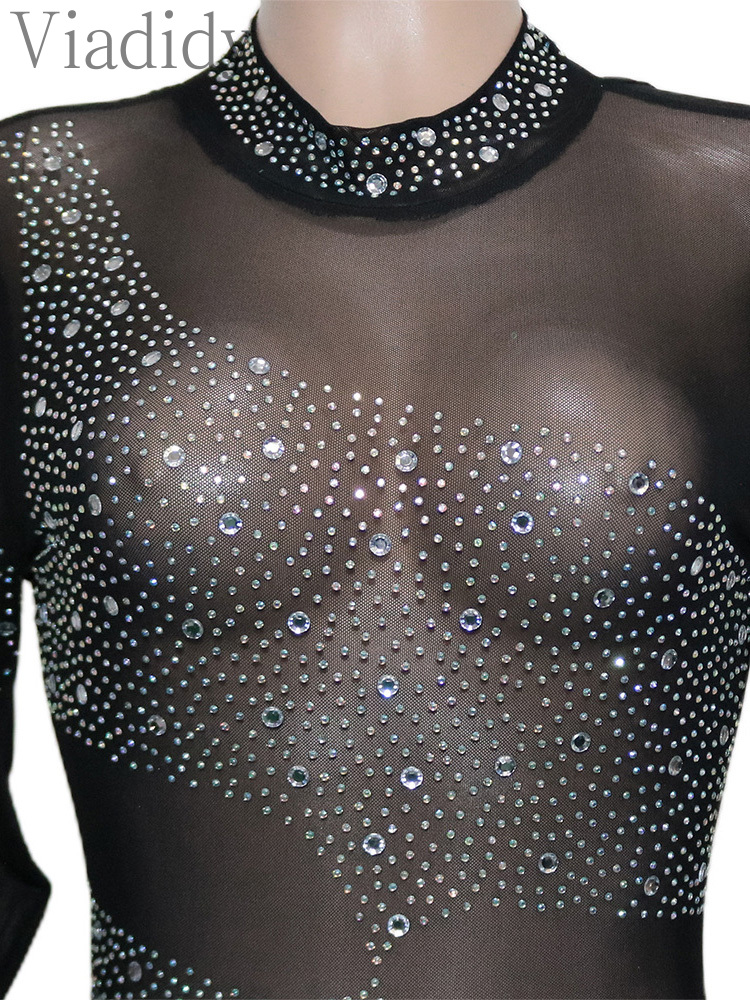 Frauen Sexy Sheer Mesh Patchwork Langarm Strass Dekor Backless Skinny Overall
