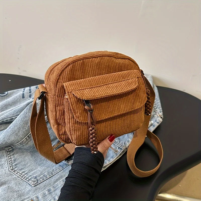 Bolsa crossbody de veludo harajuku vintage, bolsa de ombro casual estilo japonês com fecho de zíper, bolsa chique para uso diário