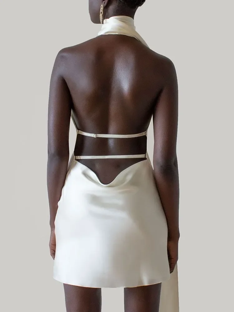 Patchwork Formal Dresses for Women Halter Collar Off Shoulder Sleeveless High Waist Backless Satin Mini Dress Female Style