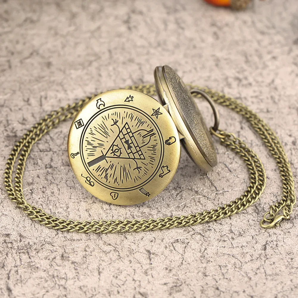 Collar de bronce Retro, cadena de joyería, reloj de cuarzo analógico Steampunk Bill Cipher Gravity Falls, reloj de bolsillo para regalo de hombre