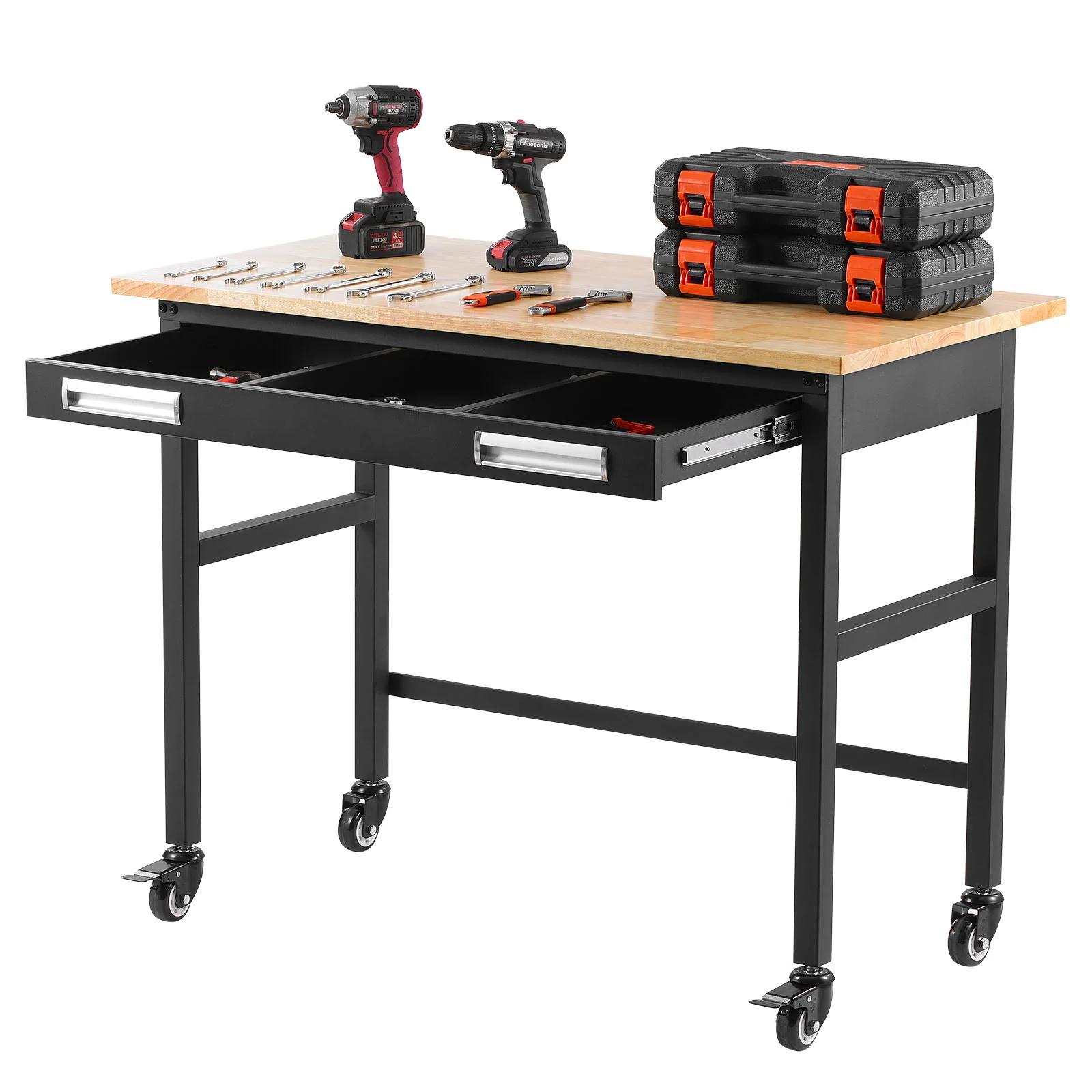SucceBuy Banco da lavoro da 1500 libbre Banco da lavoro per garage con ruote con cassetto scorrevole Tavolo da lavoro con piano in legno di quercia per officina