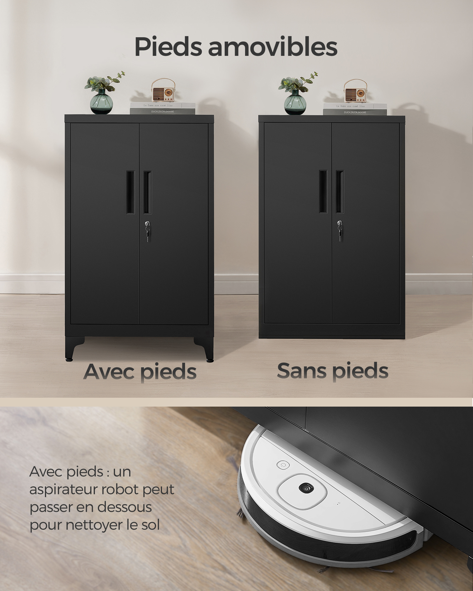 SONGMICS Caisson de Bureau, Placard Polyvalent, Armoire de Bureau à 2 Portes, Verrouillable, Meuble de Rangement en Acier, pour Bureau, Salon, Noir Mat