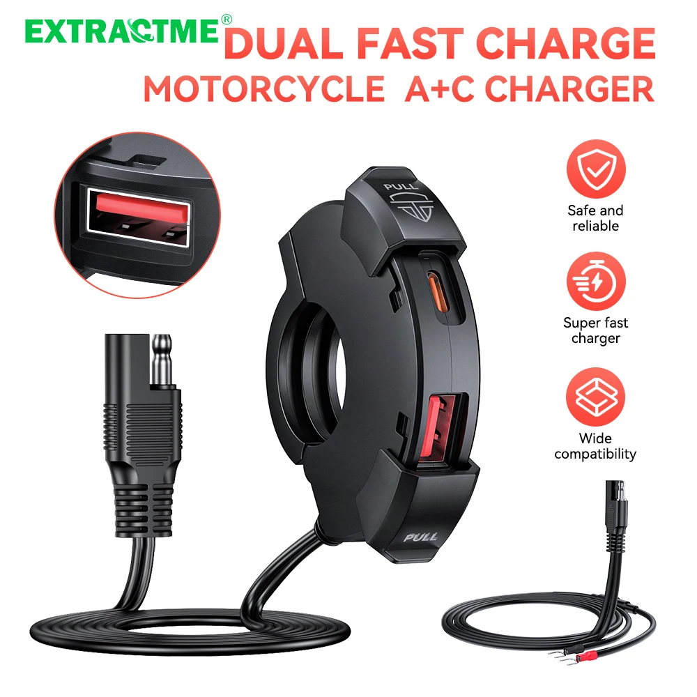 Extractme-cargador de teléfono para motocicleta, USB Dual ultrestrecho tipo C, 30W, PD y carga rápida 3,0, puerto USB impermeable para motocicleta