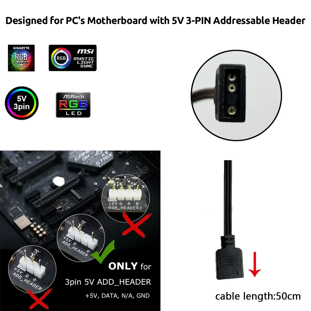 Tira de luces LED RGB WS2812B para juegos, cabezales LED direccionables de 5V y 3 pines para PC ASUS AURA SYNC, sincronización de luz mística MSI, GIGABYTE