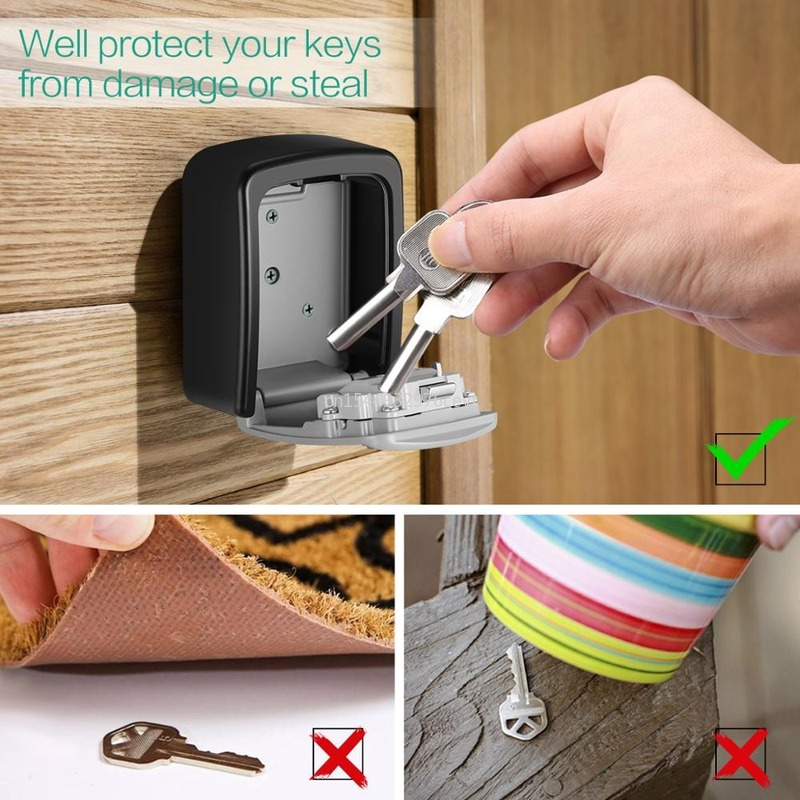 Caja de bloqueo de llaves Caja de bloqueo de almacenamiento de llaves de 4 combinaciones resistente a la intemperie y segura para llaves de acero inoxidable montada en la pared para uso interior y exterior