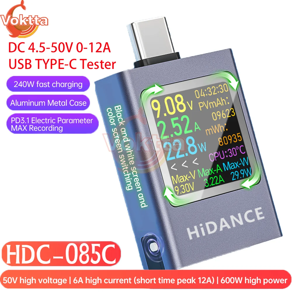 Probador USB tipo C pantalla LED voltímetro amperímetro medidor de voltaje de corriente CC amperímetro probador de carga de banco de energía DC 4,5-50V 0-12A