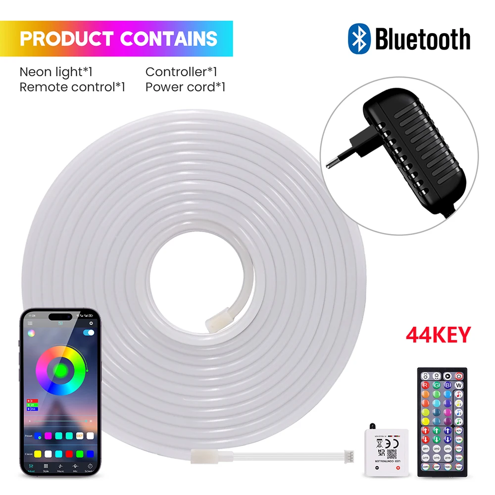 24V RGB 5m 10m 20m 30m LED Neon Strip Light Bluetooth APP 24key 44key Remote Control Music Sync Power Kit 60LED Waterproof Decor